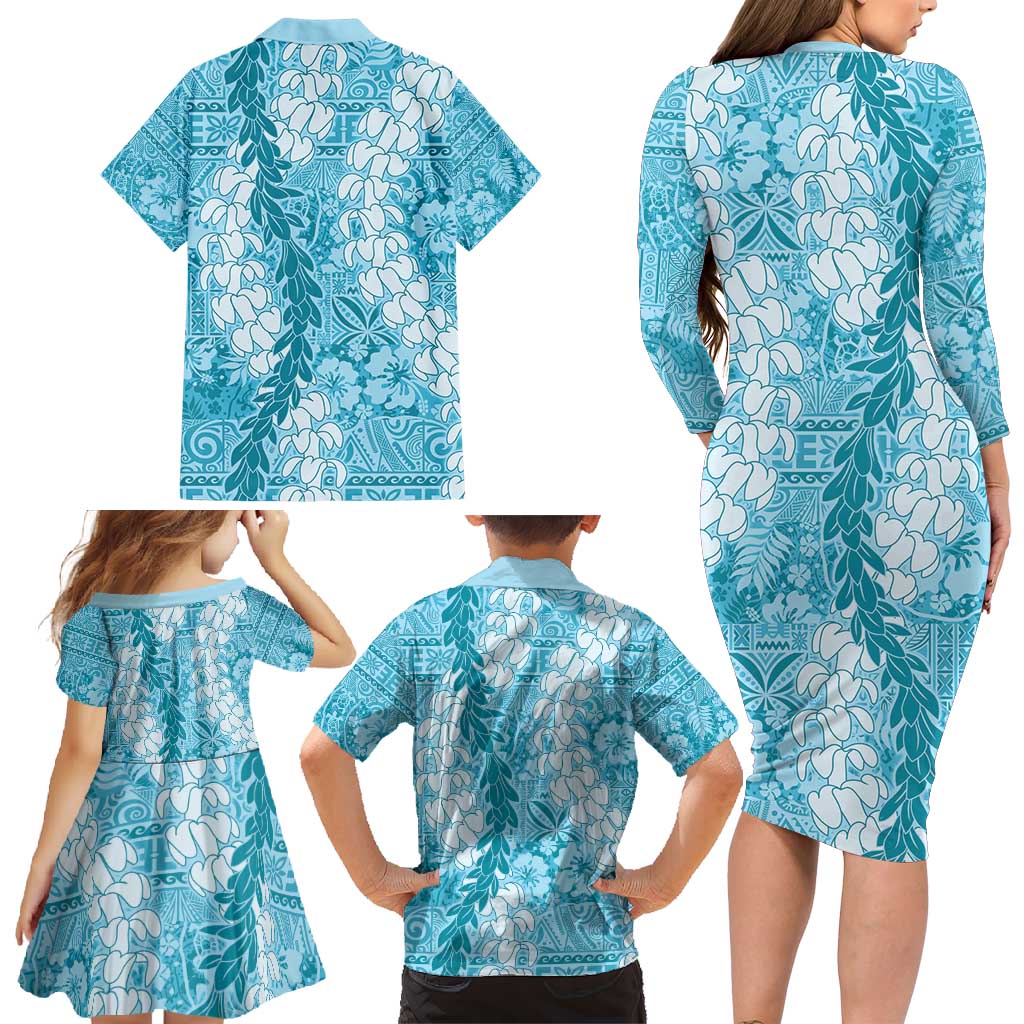 Blue Puakenikeni and Maile Lei Family Matching Long Sleeve Bodycon Dress and Hawaiian Shirt Hawaiian Style Tribal Tapa Double Strand Lei