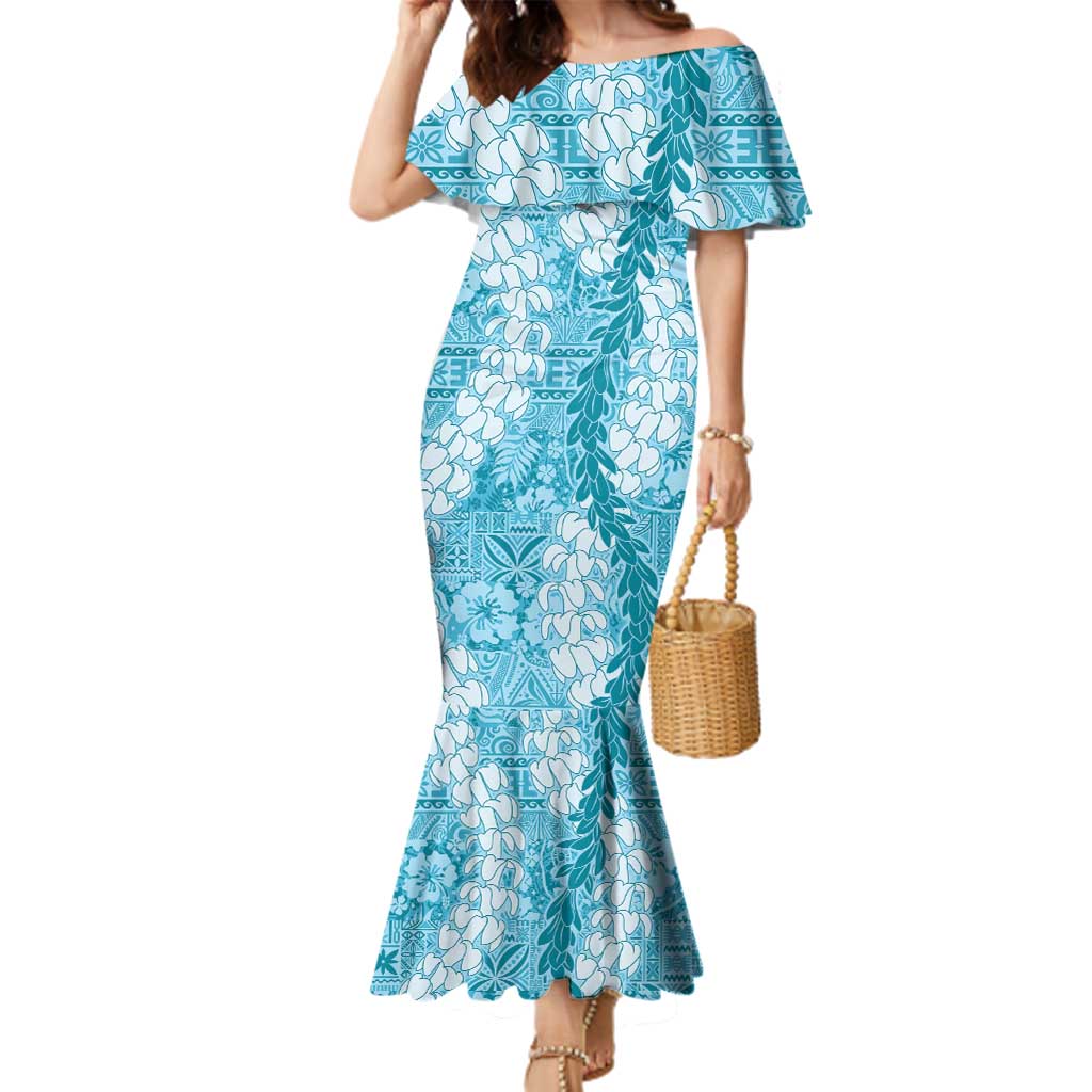 Blue Puakenikeni and Maile Lei Family Matching Mermaid Dress and Hawaiian Shirt Hawaiian Style Tribal Tapa Double Strand Lei