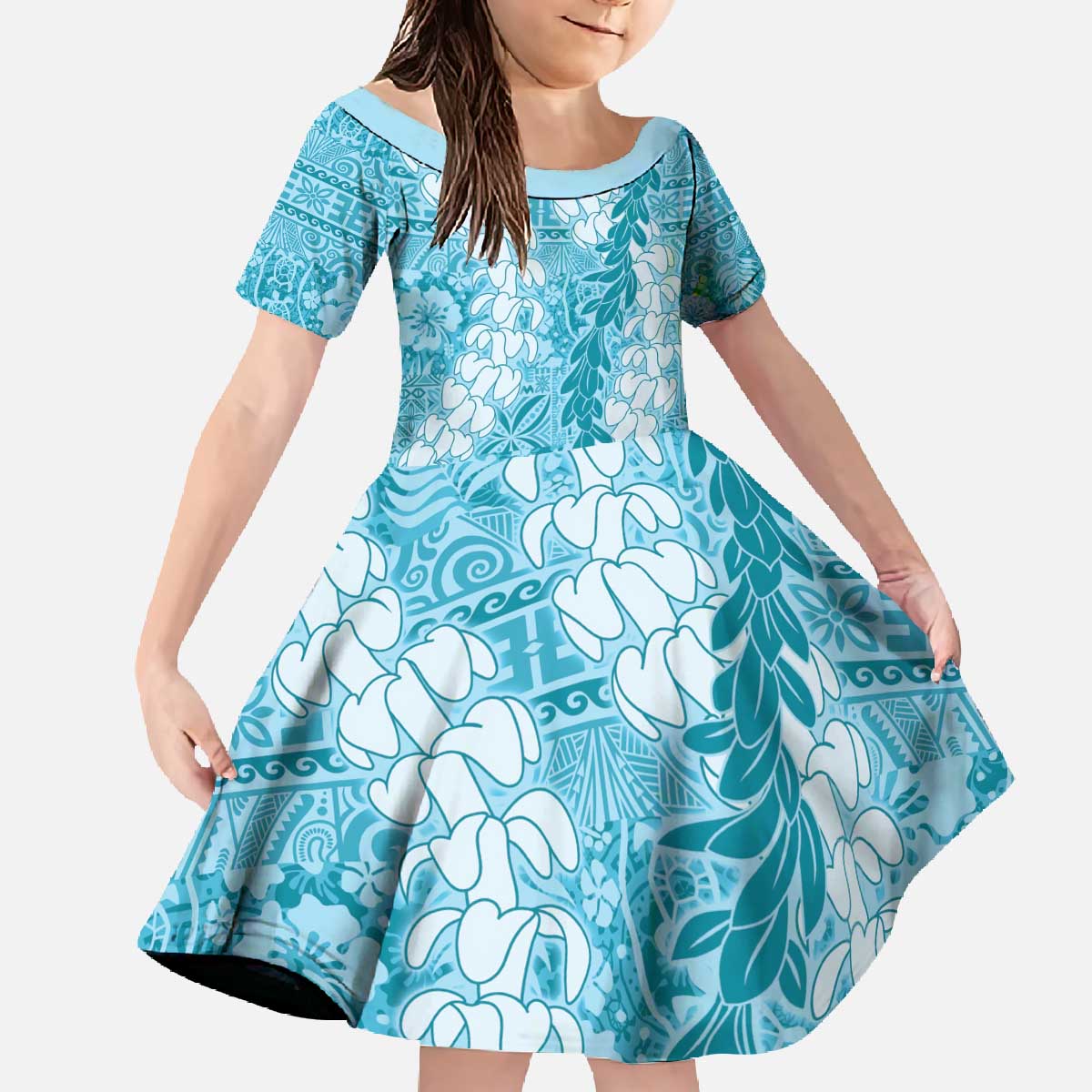 Blue Puakenikeni and Maile Lei Family Matching Off The Shoulder Long Sleeve Dress and Hawaiian Shirt Hawaiian Style Tribal Tapa Double Strand Lei