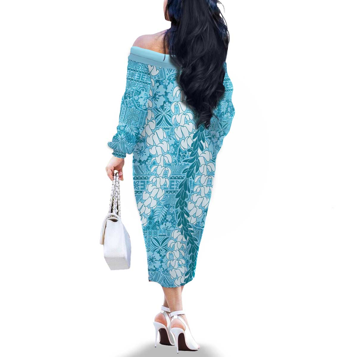 Blue Puakenikeni and Maile Lei Family Matching Off The Shoulder Long Sleeve Dress and Hawaiian Shirt Hawaiian Style Tribal Tapa Double Strand Lei