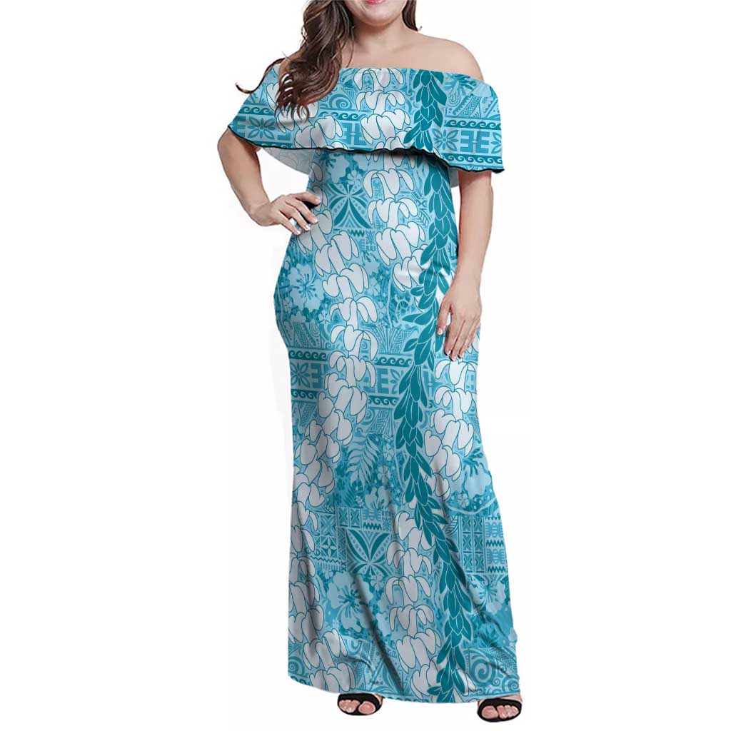 Blue Puakenikeni and Maile Lei Family Matching Off Shoulder Maxi Dress and Hawaiian Shirt Hawaiian Style Tribal Tapa Double Strand Lei