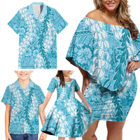 Blue Puakenikeni and Maile Lei Family Matching Off Shoulder Short Dress and Hawaiian Shirt Hawaiian Style Tribal Tapa Double Strand Lei