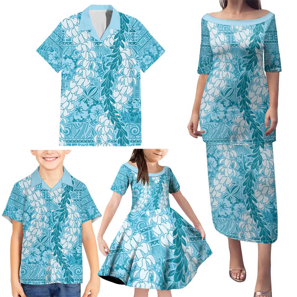 Blue Puakenikeni and Maile Lei Family Matching Puletasi and Hawaiian Shirt Hawaiian Style Tribal Tapa Double Strand Lei