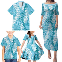 Blue Puakenikeni and Maile Lei Family Matching Puletasi and Hawaiian Shirt Hawaiian Style Tribal Tapa Double Strand Lei