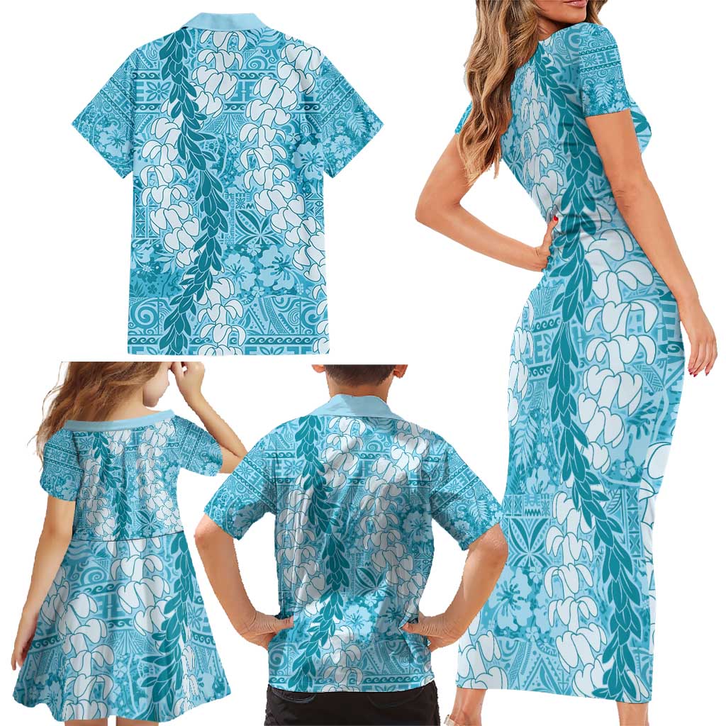 Blue Puakenikeni and Maile Lei Family Matching Short Sleeve Bodycon Dress and Hawaiian Shirt Hawaiian Style Tribal Tapa Double Strand Lei