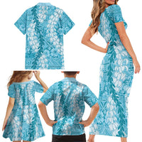 Blue Puakenikeni and Maile Lei Family Matching Short Sleeve Bodycon Dress and Hawaiian Shirt Hawaiian Style Tribal Tapa Double Strand Lei