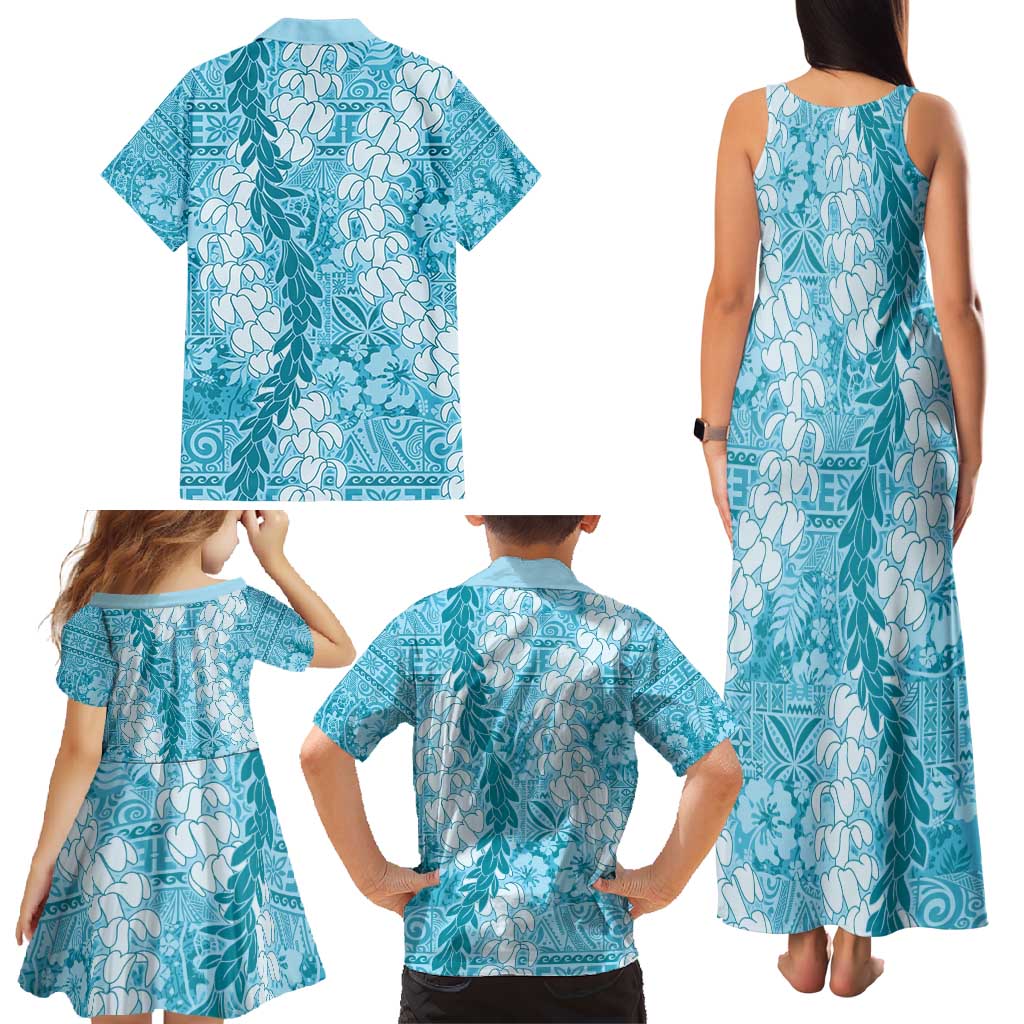 Blue Puakenikeni and Maile Lei Family Matching Tank Maxi Dress and Hawaiian Shirt Hawaiian Style Tribal Tapa Double Strand Lei