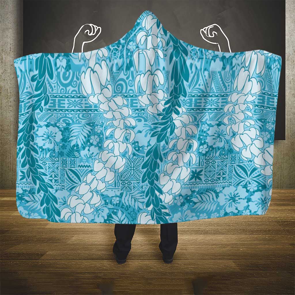Blue Puakenikeni and Maile Lei Hooded Blanket Hawaiian Style Tribal Tapa Double Strand Lei