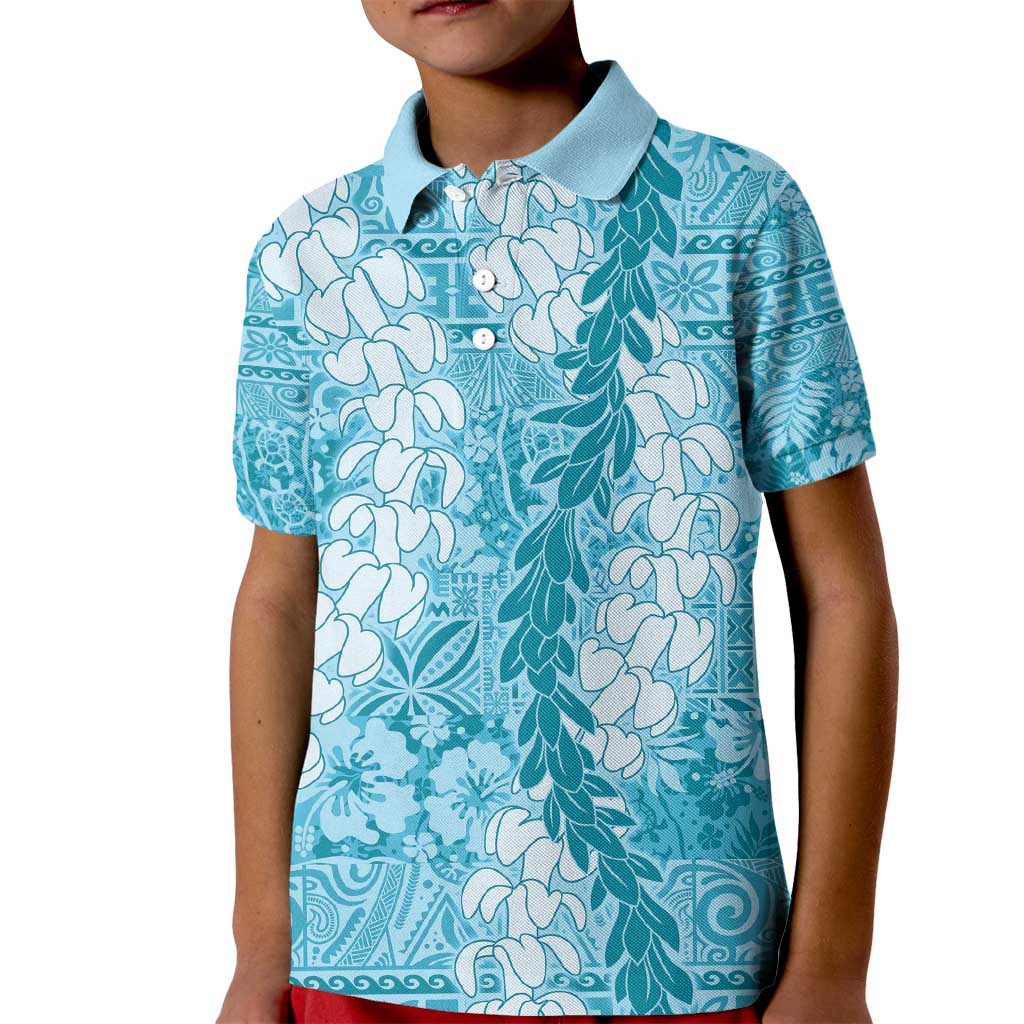Blue Puakenikeni and Maile Lei Kid Polo Shirt Hawaiian Style Tribal Tapa Double Strand Lei