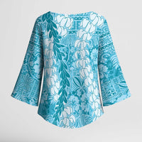 Blue Puakenikeni and Maile Lei Kimono Sleeve Blouse Hawaiian Style Tribal Tapa Double Strand Lei - Polynesian Pride