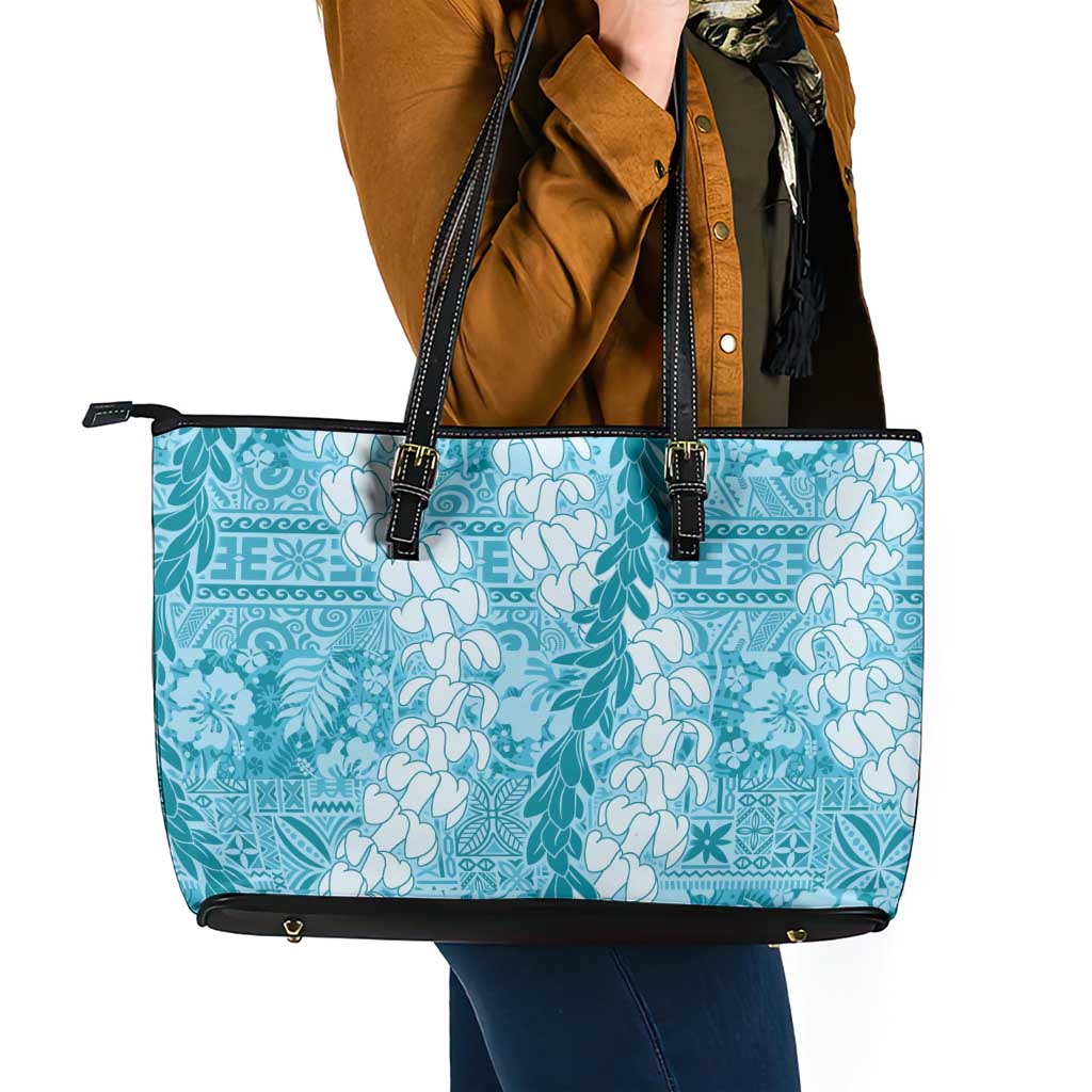 Blue Puakenikeni and Maile Lei Leather Tote Bag Hawaiian Style Tribal Tapa Double Strand Lei