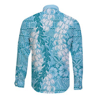 Blue Puakenikeni and Maile Lei Long Sleeve Button Shirt Hawaiian Style Tribal Tapa Double Strand Lei