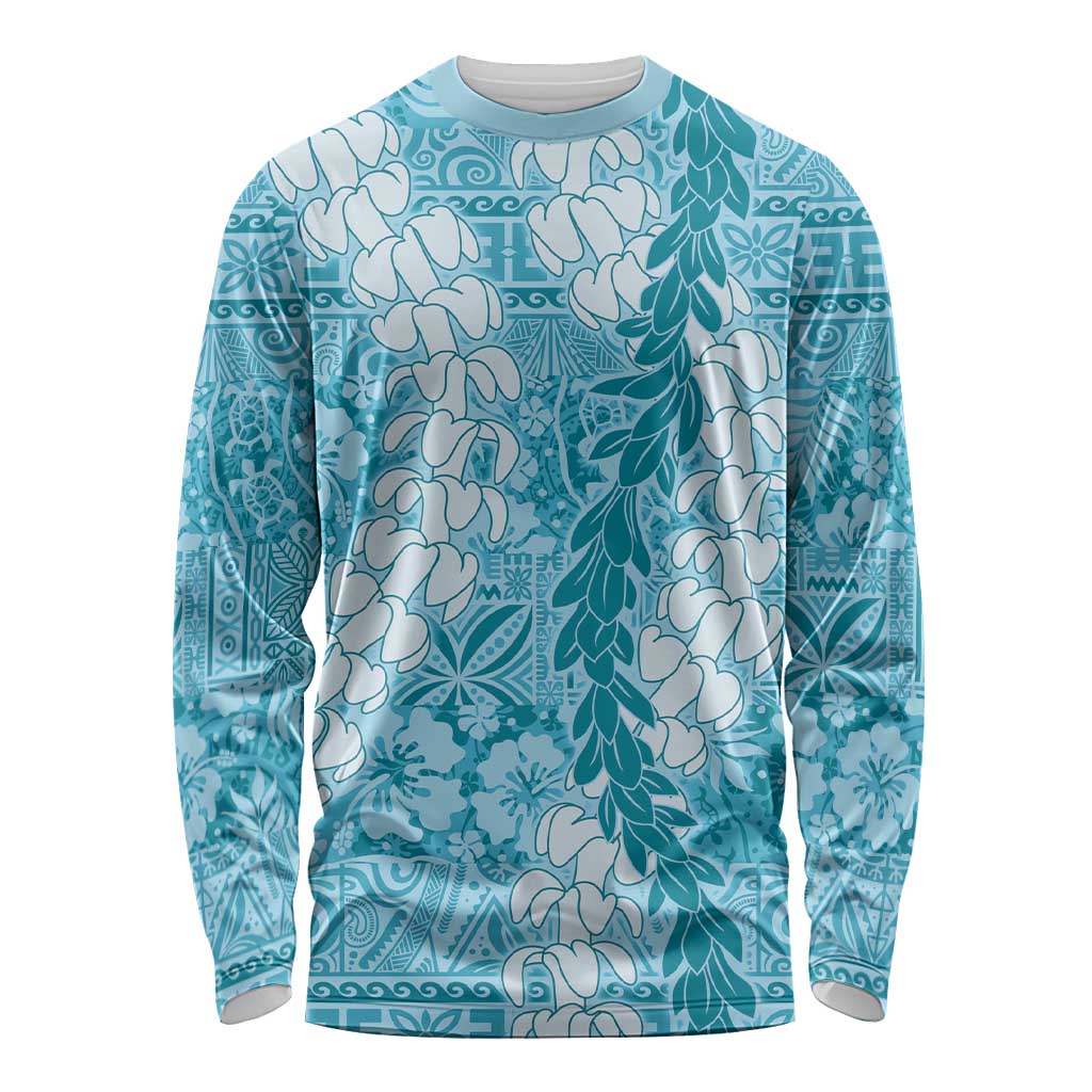 Blue Puakenikeni and Maile Lei Long Sleeve Shirt Hawaiian Style Tribal Tapa Double Strand Lei