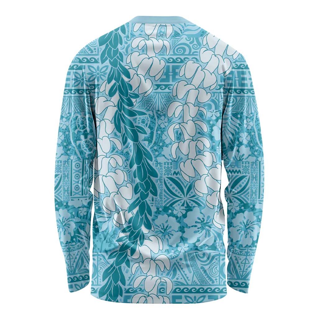 Blue Puakenikeni and Maile Lei Long Sleeve Shirt Hawaiian Style Tribal Tapa Double Strand Lei