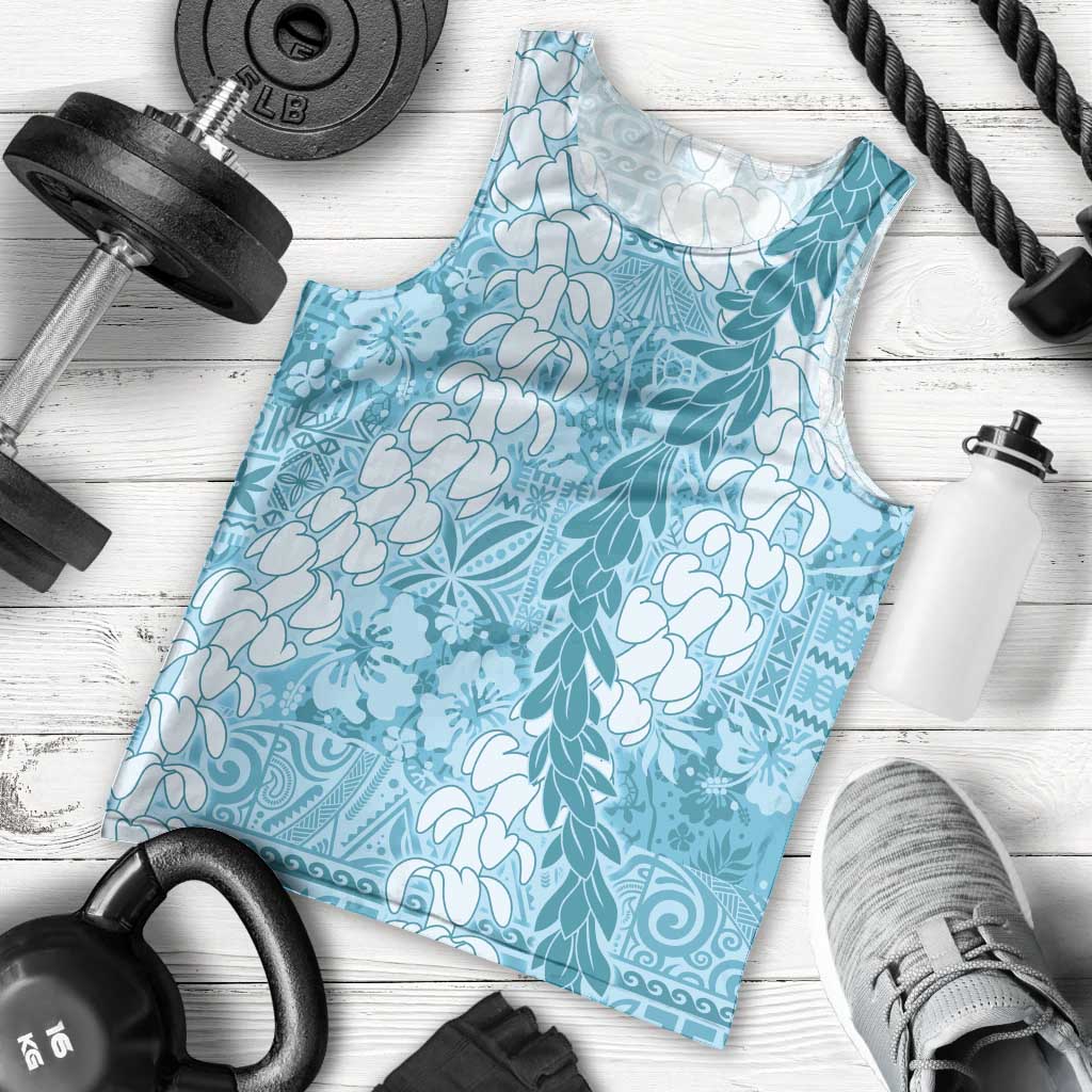 Blue Puakenikeni and Maile Lei Men Tank Top Hawaiian Style Tribal Tapa Double Strand Lei