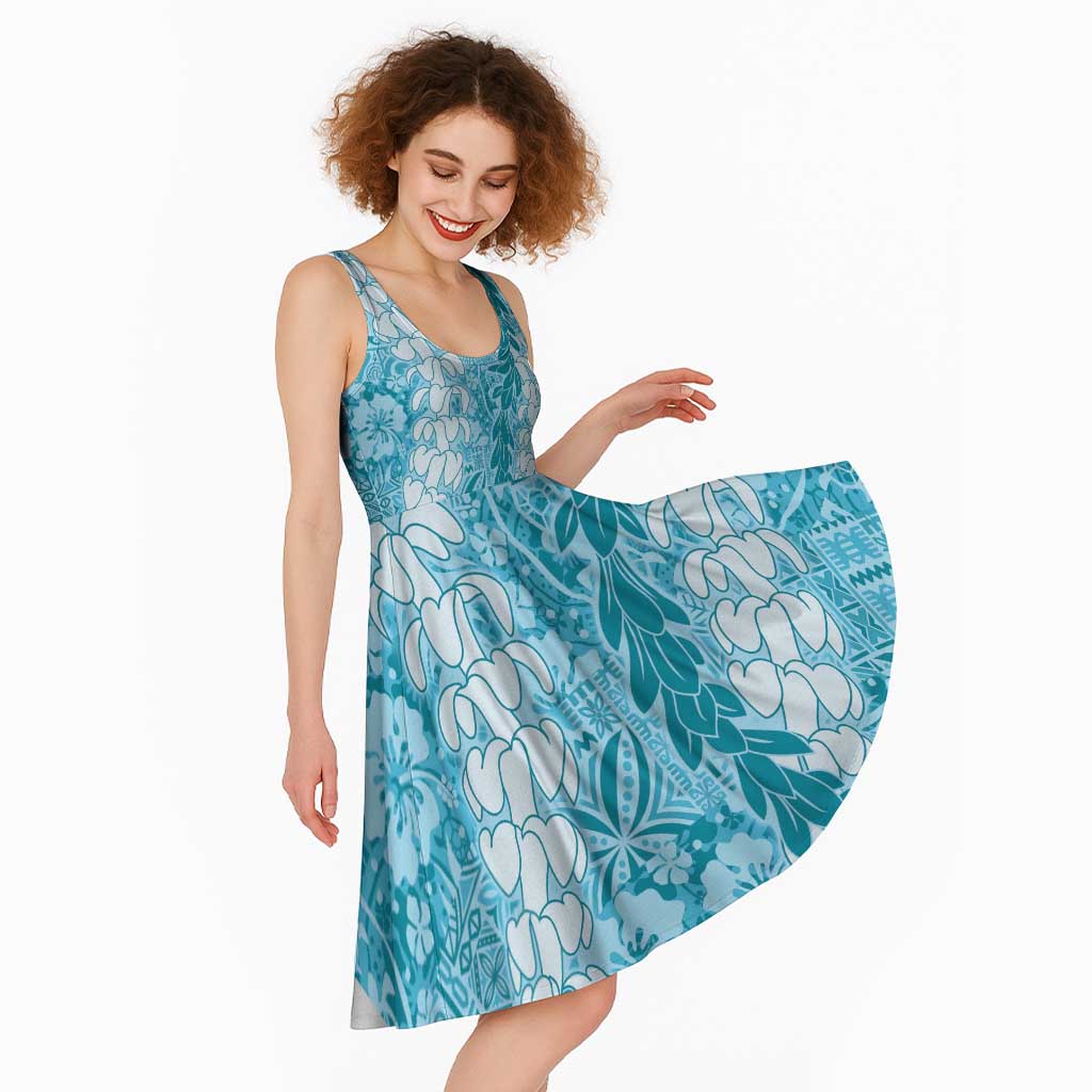 Blue Puakenikeni and Maile Lei Midi Dress Hawaiian Style Tribal Tapa Double Strand Lei - Polynesian Pride