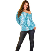 Blue Puakenikeni and Maile Lei Off Shoulder Sweater Hawaiian Style Tribal Tapa Double Strand Lei