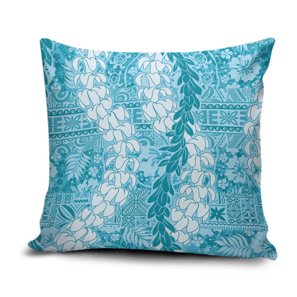 Blue Puakenikeni and Maile Lei Pillow Cover Hawaiian Style Tribal Tapa Double Strand Lei - Polynesian Pride