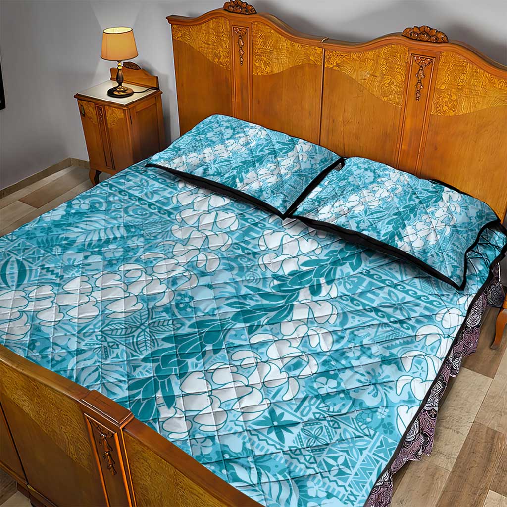 Blue Puakenikeni and Maile Lei Quilt Bed Set Hawaiian Style Tribal Tapa Double Strand Lei