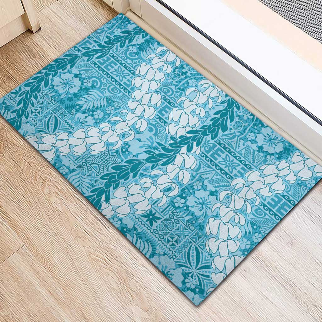 Blue Puakenikeni and Maile Lei Rubber Doormat Hawaiian Style Tribal Tapa Double Strand Lei