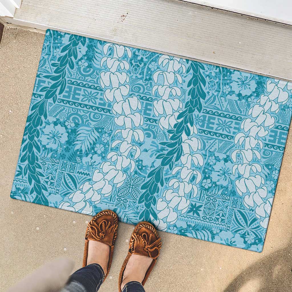 Blue Puakenikeni and Maile Lei Rubber Doormat Hawaiian Style Tribal Tapa Double Strand Lei