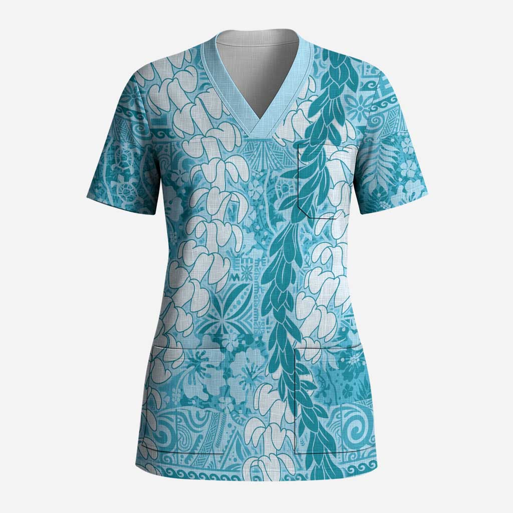 Blue Puakenikeni and Maile Lei Scrub Top Hawaiian Style Tribal Tapa Double Strand Lei - Polynesian Pride