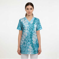 Blue Puakenikeni and Maile Lei Scrub Top Hawaiian Style Tribal Tapa Double Strand Lei - Polynesian Pride