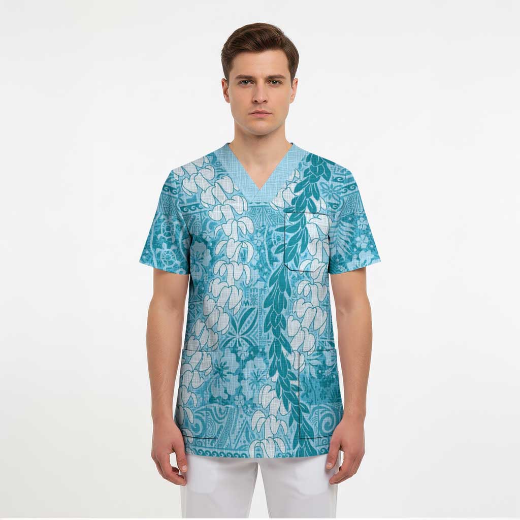 Blue Puakenikeni and Maile Lei Scrub Top Hawaiian Style Tribal Tapa Double Strand Lei - Polynesian Pride