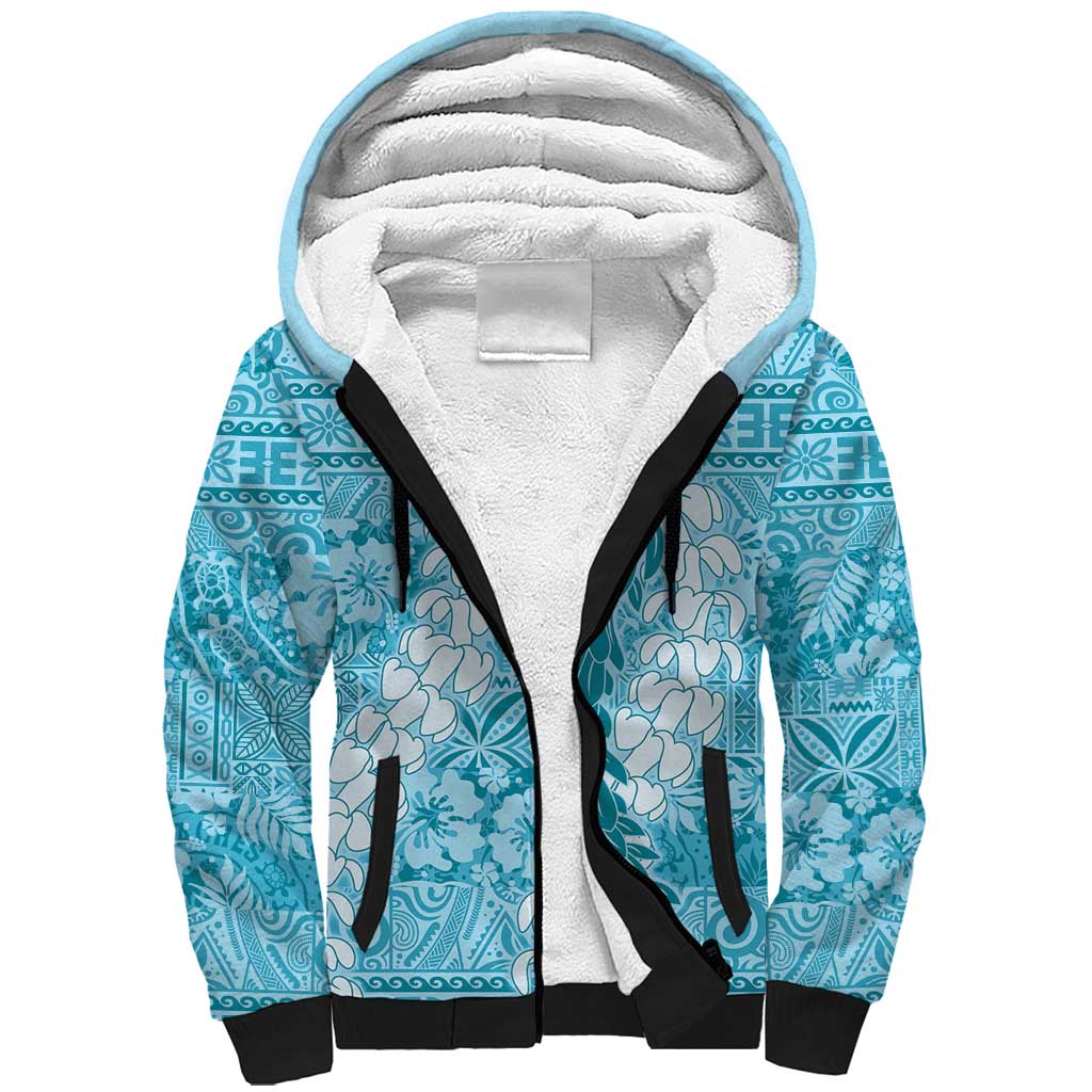 Blue Puakenikeni and Maile Lei Sherpa Hoodie Hawaiian Style Tribal Tapa Double Strand Lei