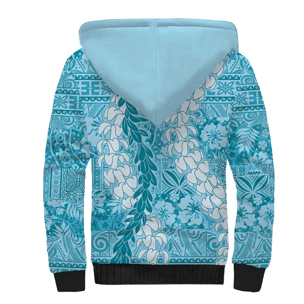 Blue Puakenikeni and Maile Lei Sherpa Hoodie Hawaiian Style Tribal Tapa Double Strand Lei