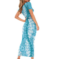 Blue Puakenikeni and Maile Lei Short Sleeve Bodycon Dress Hawaiian Style Tribal Tapa Double Strand Lei