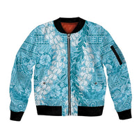 Blue Puakenikeni and Maile Lei Sleeve Zip Bomber Jacket Hawaiian Style Tribal Tapa Double Strand Lei