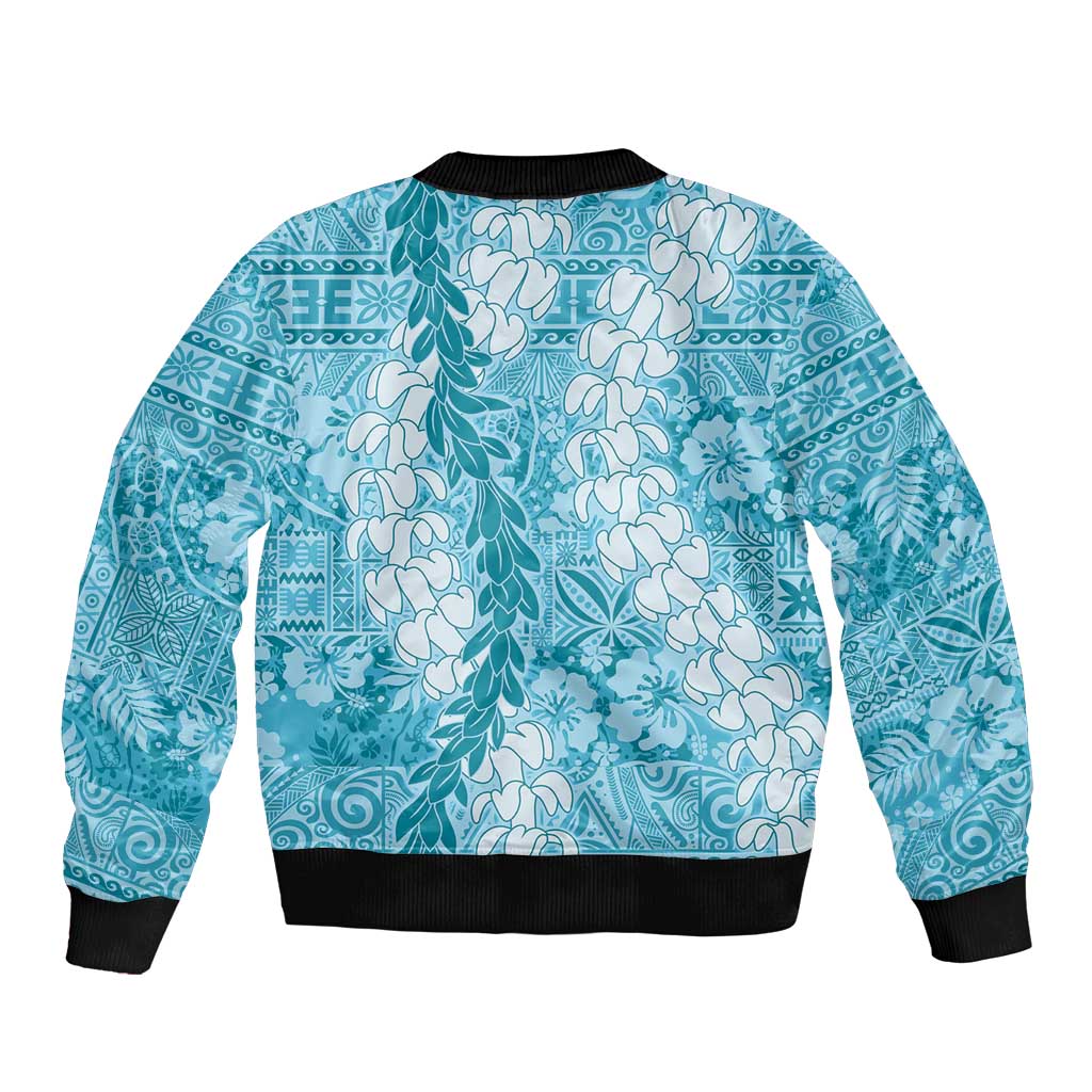 Blue Puakenikeni and Maile Lei Sleeve Zip Bomber Jacket Hawaiian Style Tribal Tapa Double Strand Lei