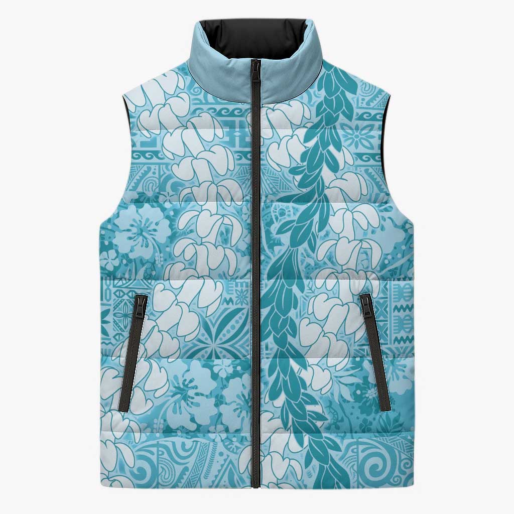 Blue Puakenikeni and Maile Lei Sleeveless Puffer Jacket Hawaiian Style Tribal Tapa Double Strand Lei LT9 Unisex Blue - Polynesian Pride