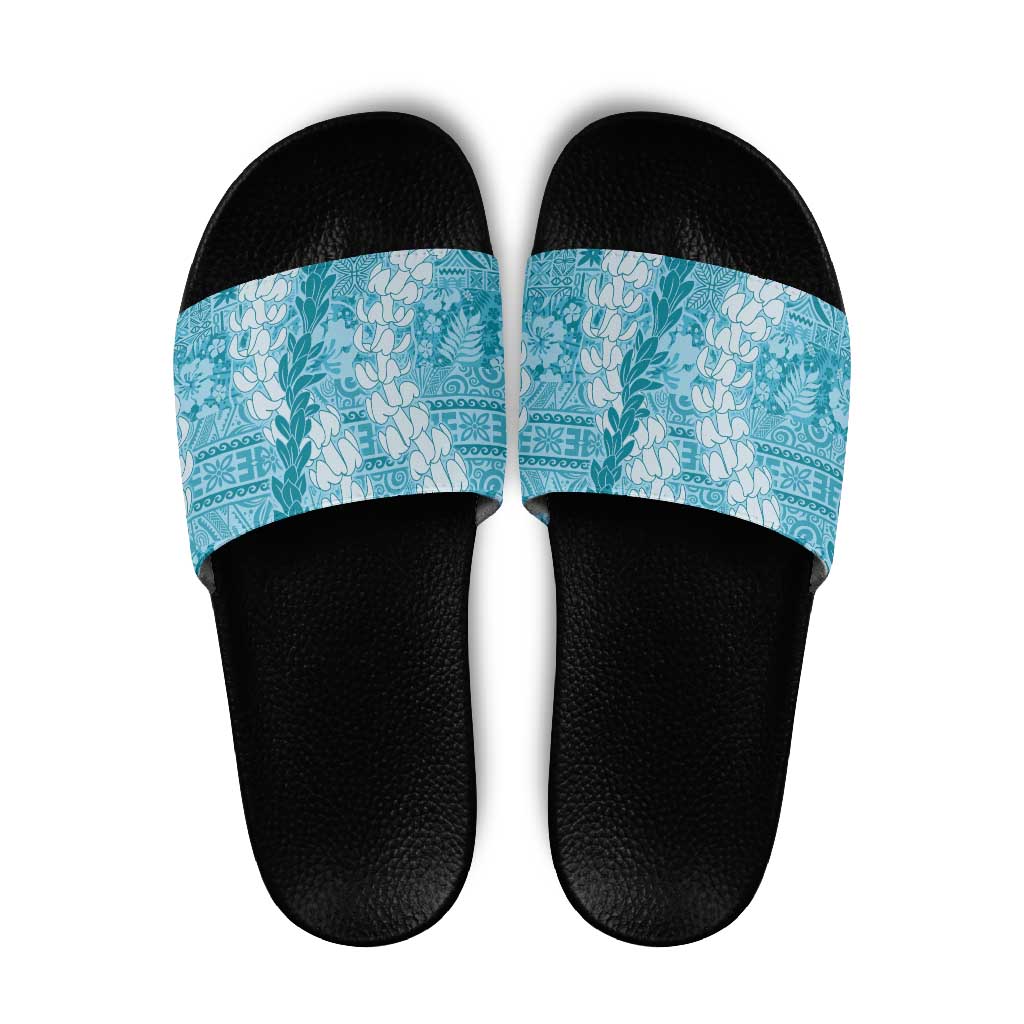 Blue Puakenikeni and Maile Lei Slide Sandals Hawaiian Style Tribal Tapa Double Strand Lei LT9 Blue - Polynesian Pride