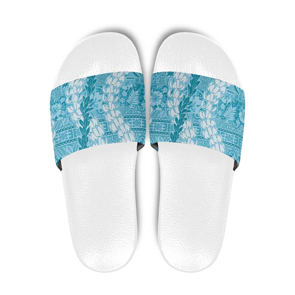 Blue Puakenikeni and Maile Lei Slide Sandals Hawaiian Style Tribal Tapa Double Strand Lei LT9 Blue - Polynesian Pride
