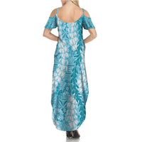 Blue Puakenikeni and Maile Lei Summer Maxi Dress Hawaiian Style Tribal Tapa Double Strand Lei