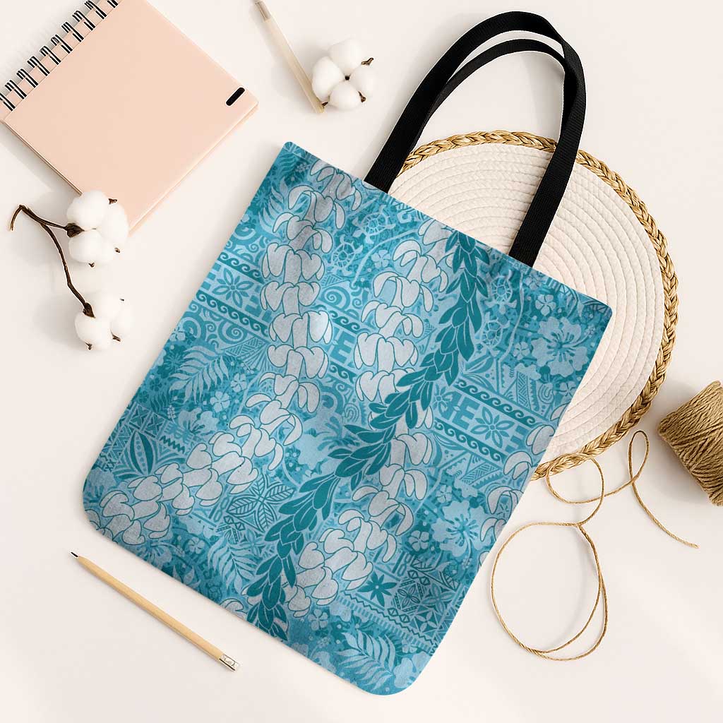 Blue Puakenikeni and Maile Lei Tote Bag Hawaiian Style Tribal Tapa Double Strand Lei - Polynesian Pride