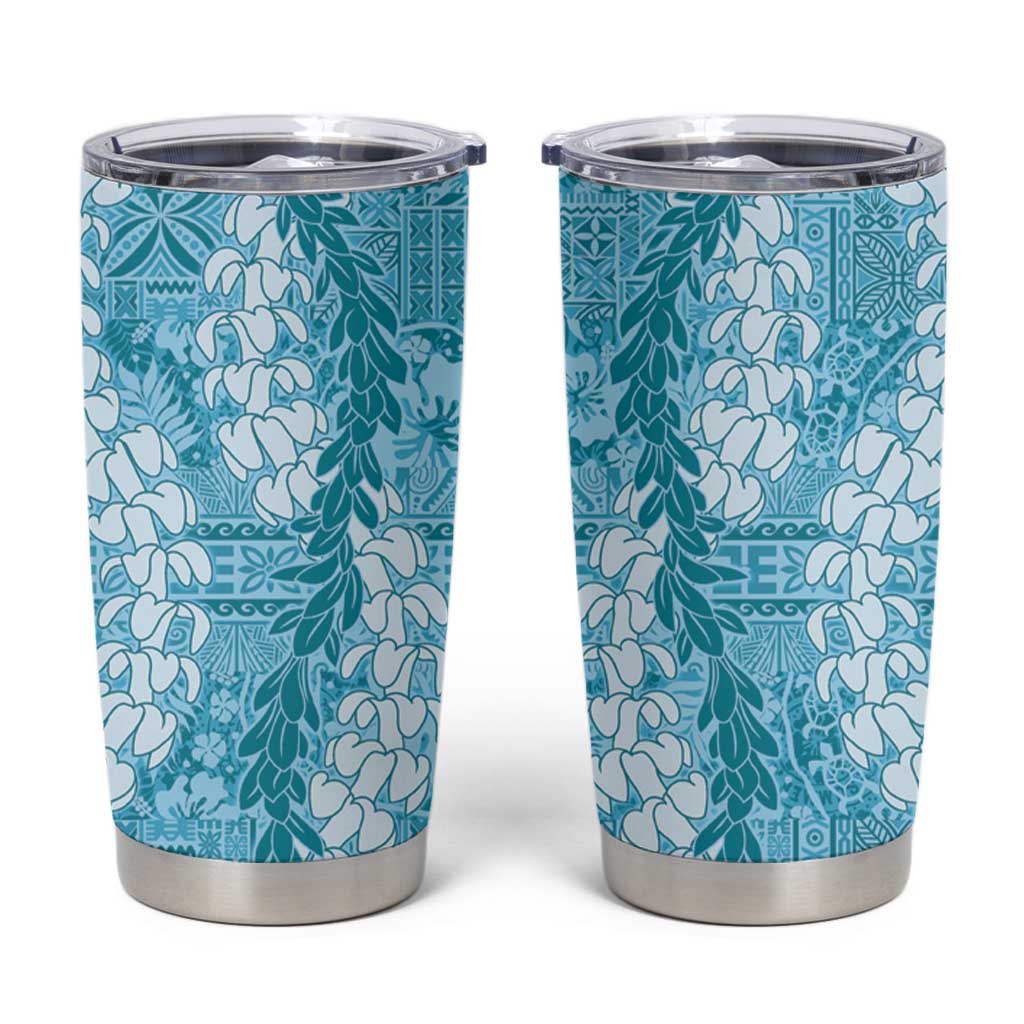 Blue Puakenikeni and Maile Lei Tumbler Cup Hawaiian Style Tribal Tapa Double Strand Lei