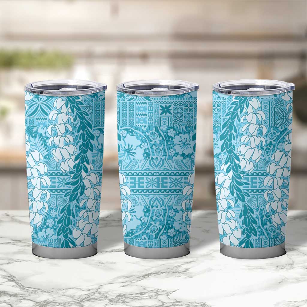 Blue Puakenikeni and Maile Lei Tumbler Cup Hawaiian Style Tribal Tapa Double Strand Lei