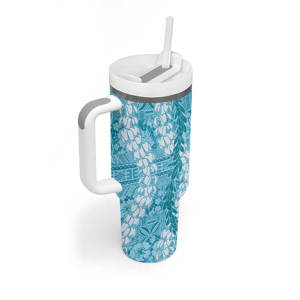 Blue Puakenikeni and Maile Lei Tumbler With Handle Hawaiian Style Tribal Tapa Double Strand Lei