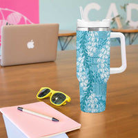 Blue Puakenikeni and Maile Lei Tumbler With Handle Hawaiian Style Tribal Tapa Double Strand Lei