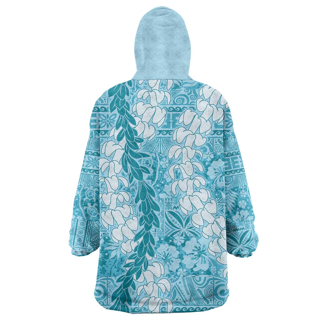 Blue Puakenikeni and Maile Lei Wearable Blanket Hoodie Hawaiian Style Tribal Tapa Double Strand Lei