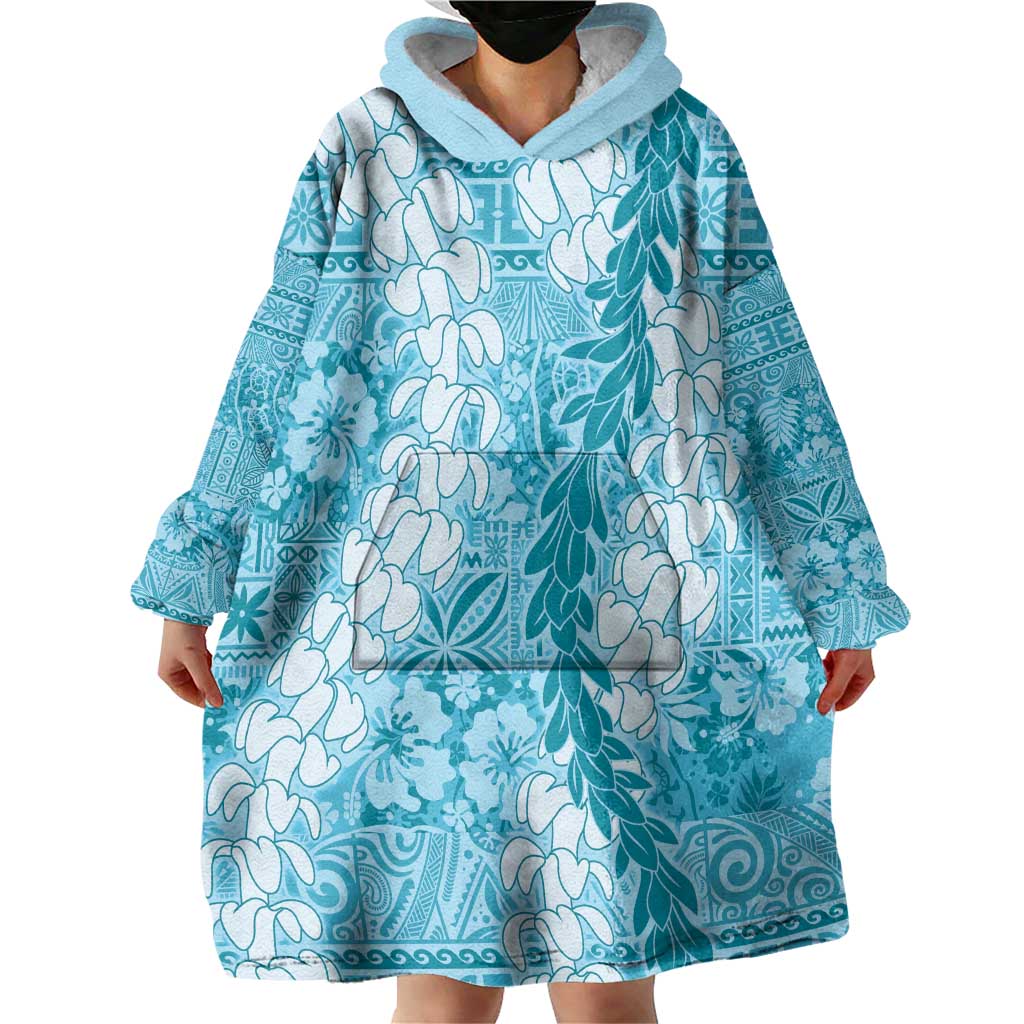Blue Puakenikeni and Maile Lei Wearable Blanket Hoodie Hawaiian Style Tribal Tapa Double Strand Lei
