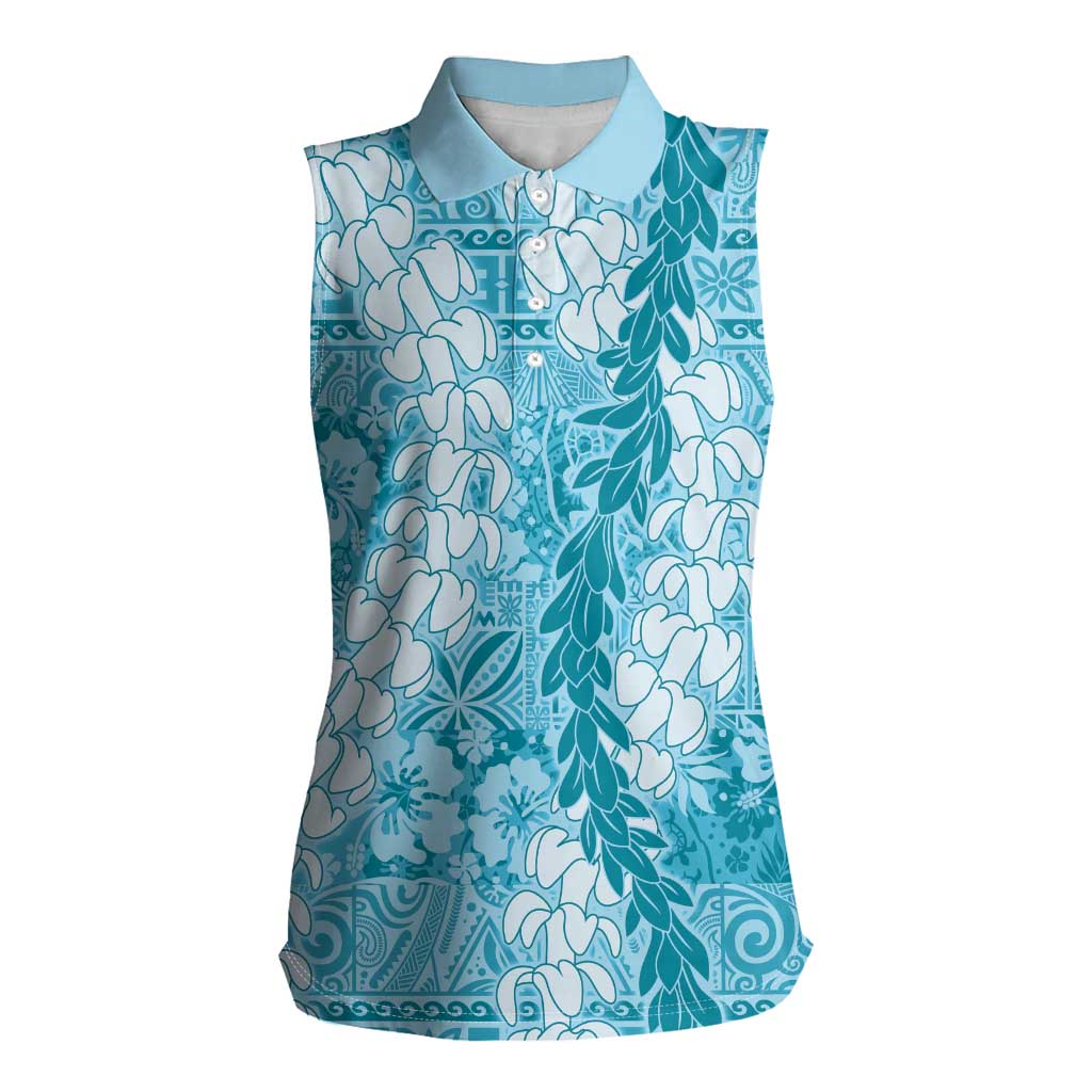 Blue Puakenikeni and Maile Lei Women Sleeveless Polo Shirt Hawaiian Style Tribal Tapa Double Strand Lei