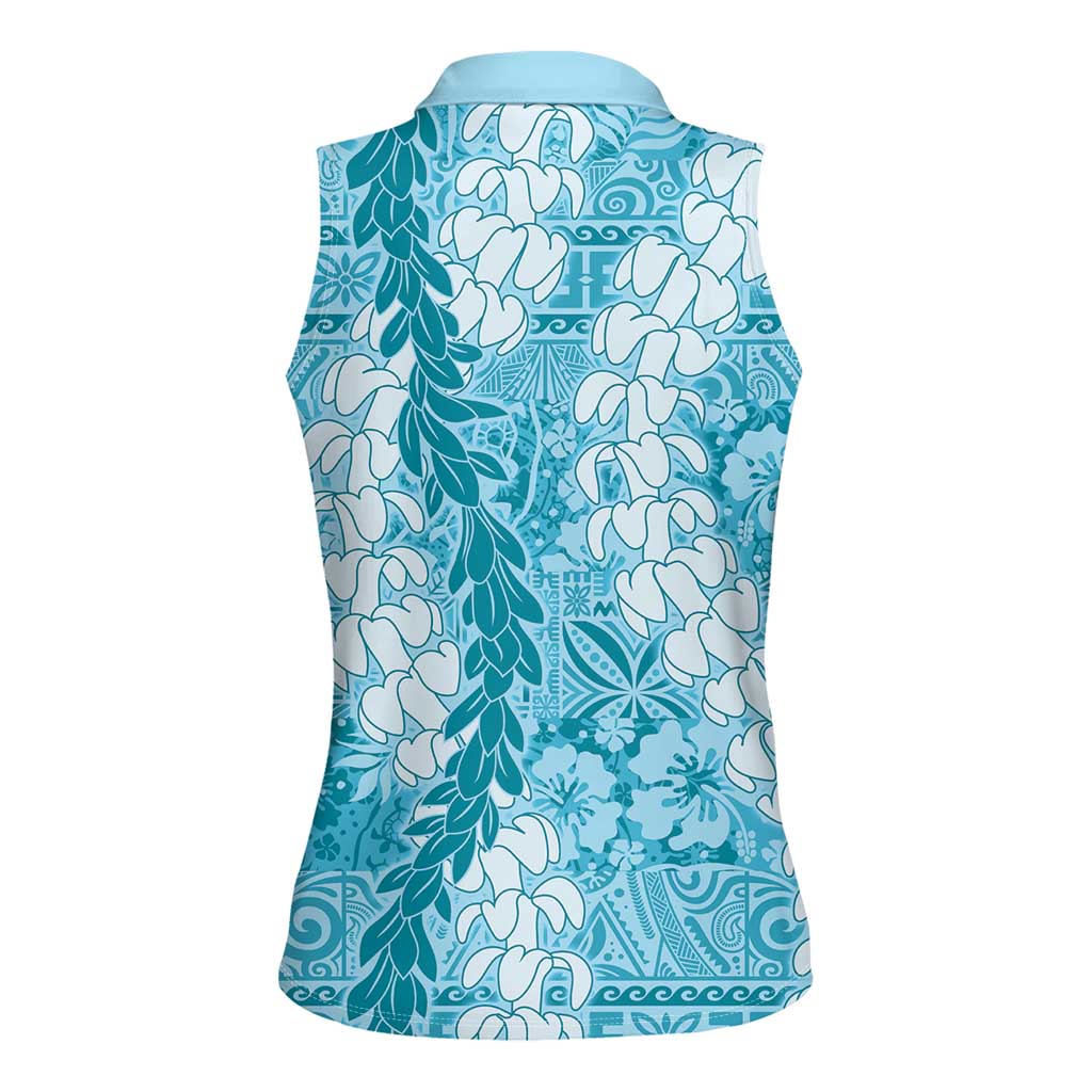 Blue Puakenikeni and Maile Lei Women Sleeveless Polo Shirt Hawaiian Style Tribal Tapa Double Strand Lei