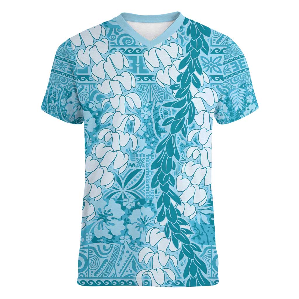 Blue Puakenikeni and Maile Lei Women V-Neck T-Shirt Hawaiian Style Tribal Tapa Double Strand Lei