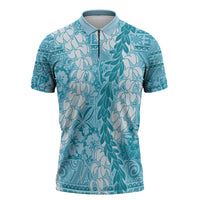 Blue Puakenikeni and Maile Lei Zipper Polo Shirt Hawaiian Style Tribal Tapa Double Strand Lei - Polynesian Pride