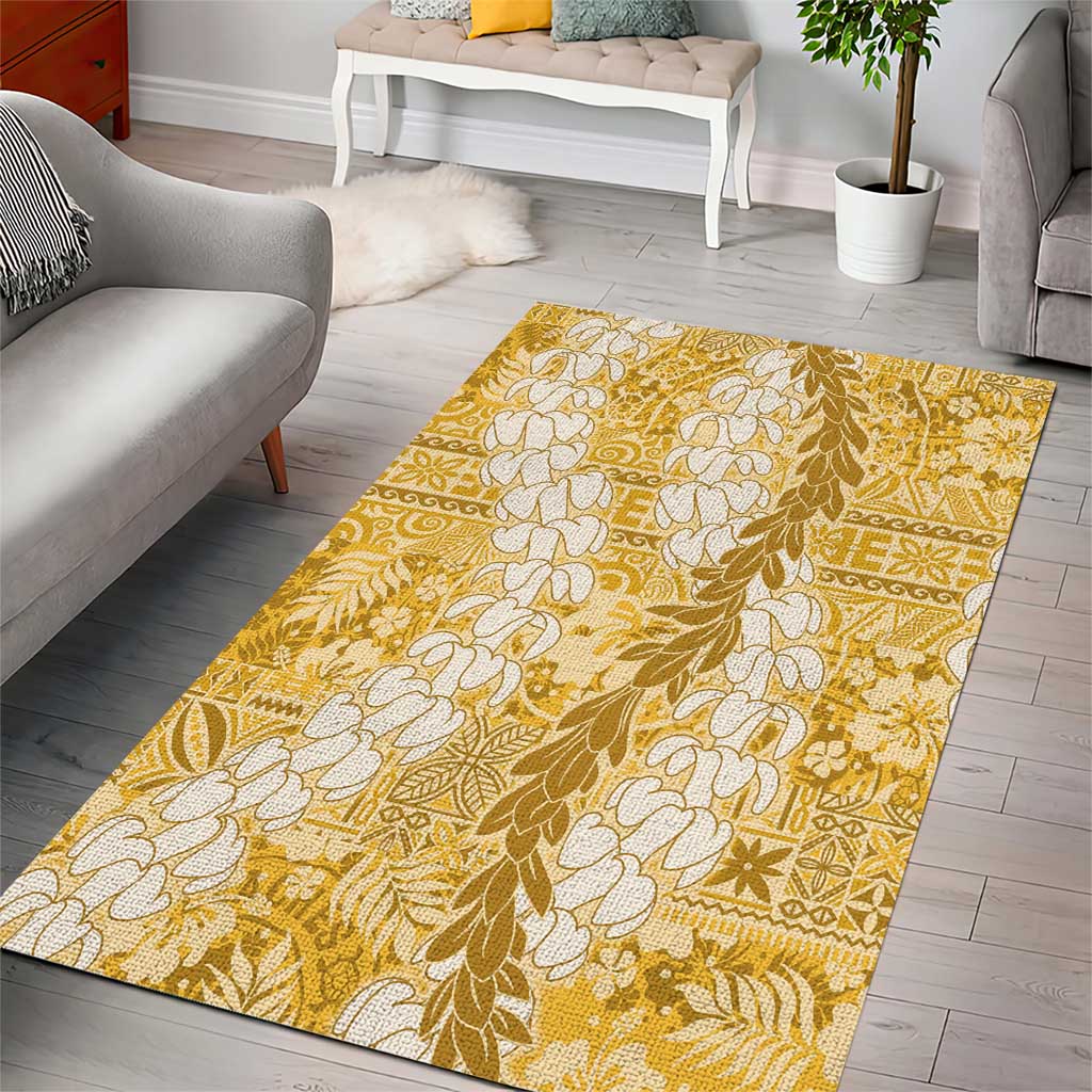 Gold Puakenikeni and Maile Lei Area Rug Hawaiian Style Tribal Tapa Double Strand Lei