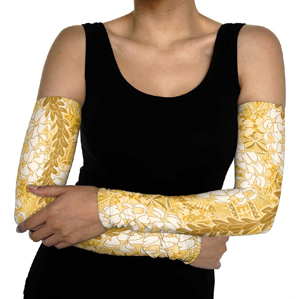 Gold Puakenikeni and Maile Lei Arm Sleeves Hawaiian Style Tribal Tapa Double Strand Lei - Polynesian Pride